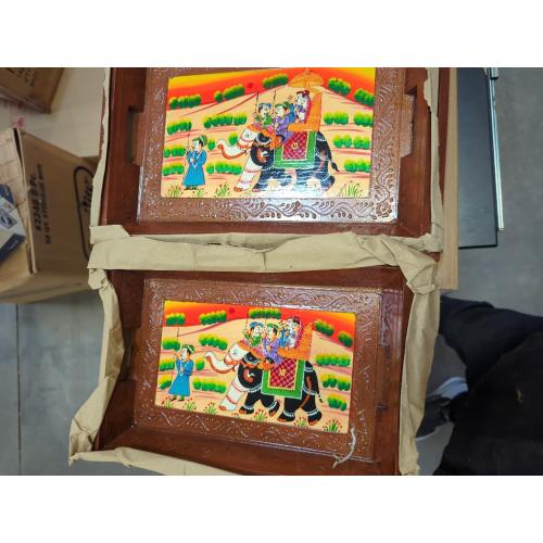 Swadeshi Blessings Wooden Serving Tray Set- Handcrafted & Hand-Painted for Kitchen/Table & Home Decor/Dinning/Gifts/Restaurants/Living Room/Coffee Table (Set of 3 Trays) (Brown)