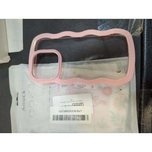 Pink Anuck for iPhone 15 Pro Case Wavy Edge Clear Back Design, Anti-Slip Grip Cute Wave Curly Frame Shape Shockproof Soft TPU & Hard Bumper Protective Phone Case Cover for Women Girls, Pink