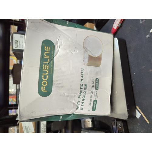 FOCUSLINE 100 Count Gold Plastic Plates 10.25 Inch, Disposable Heavy Duty Dinner Plates, Premium Hard Plastic Plate Fancy Disposable White Plate with Gold Rim