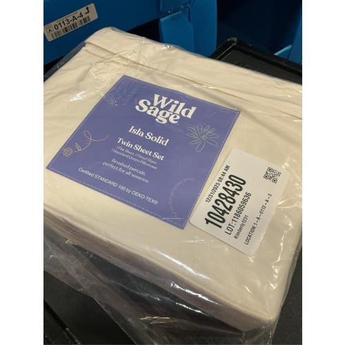 Wild Sage Brushed Cotton Percale 300-Thread-Count Twin Sheet Set in Coconut Milk