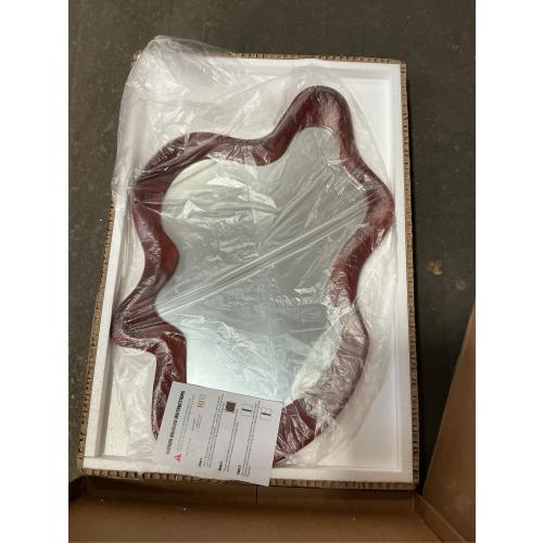 32x 21 Irregular Wall Mirror, Walnut Wooden Framed Asymmetrical Wall Mirror for Living Room Bedroom Entryway Bathroom Modern Decorative Hanging Hooks