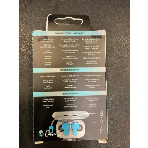 Skullcandy Dime 2 Wireless Earbuds, Bluetooth Headphones, Noise Isolating Fit, Up to 12 Hours Battery, Microphone for iPhone Android, Easy Carry with Integrated Lanyard - Light Grey/Blue