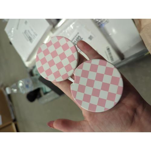 Pink Checkered Car Coasters for Cup Holders,2 Pack Car Cup Holder Coasters for Car,Ceramic Absorbent Car Coaster with A Finger Notch and Cork Base,Car Interior Accessories for Women Men