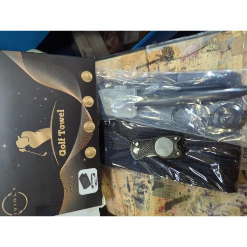 Mile High Life Microfiber Waffle Pattern Golf Towel | Club Groove Cleaner Brush | Foldable Divot Tool with Magnetic Ball Marker (Black Towel/Brush/Fish Divot)