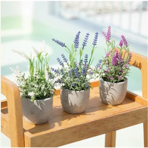 Velener Artificial Lavender Flowers(Pink/White/Purple), Small Fake Lavender Plants Pot Set of 3 - Faux Lavender Flowers for Farmhouse/Home