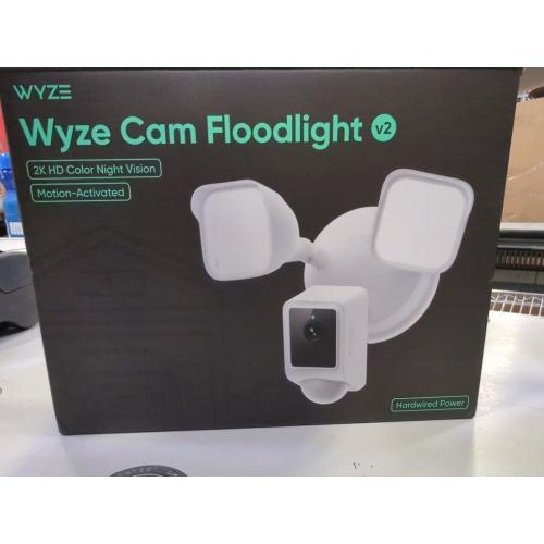 White Wyze Wired Outdoor Wi-Fi Floodlight v2 Home Security Camera with 2K Video, Color Night Vision, Motion Activated LEDs - White