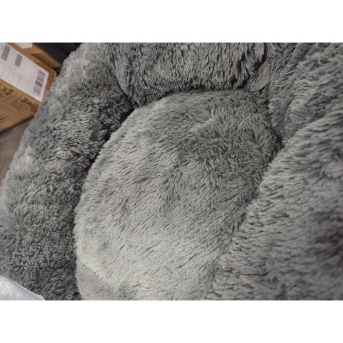 Furhaven 36 Round Calming Donut Dog Bed for Large/Medium Dogs, Refillable w/ Removable Washable Cover, For Dogs Up to 75 lbs - Shaggy Plush Long Faux Fur Donut Bed - Gray, Large