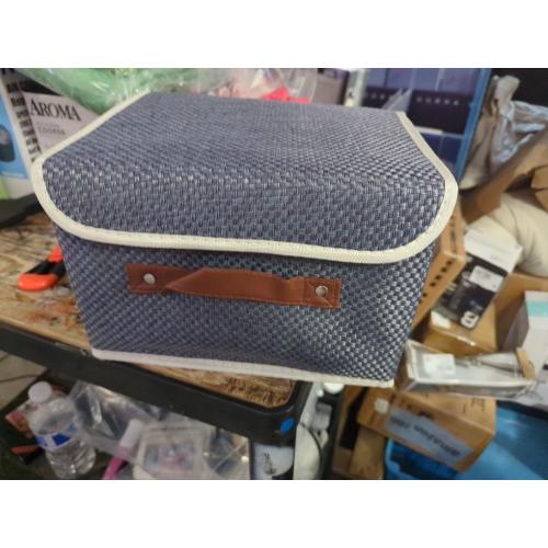 Storage Bins with Lid Fabric Storage Box Basket PU Leather Handle Textured Woven Cotton Linen Decorative Foldable Washable Shelf Closet Organizer Container (Flip-top Lid, Gray, Small)