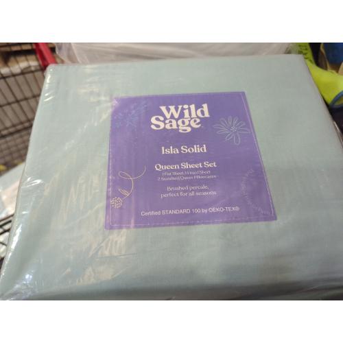 Wild Sage Brushed Cotton Percale 300-Thread-Count Queen Sheet Set in Strato Blue