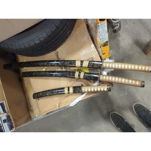 Pack of 3- Japanese Katana Hand cast Sharp 1065 Carbon Steel Katana Sword Real Black, Dragon Totem Hand Guard, Display Sword Stand