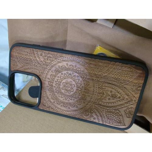 Carveit Magnetic Wooden Case for iPhone 15 Pro Max - Black Soft TPU Shockproof Protective Cover - Compatible with MagSafe (Bear & Valleys - Red Wood)
