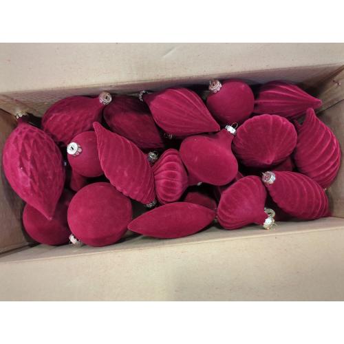 30PCS Burgundy Velvet Christmas Ornaments Various Shapes Flocked Ornaments for Christmas Tree Balls with Hanging Ropes, Shatterproof Plastic Balls Decorations for Holiday Party Indoor Home, Red