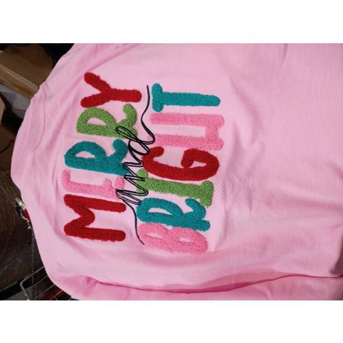 Merry Christmas Sweatshirts Women Merry And Bright Christmas Pullover Top Chenille Patch Letter Printed Xmas Gifts Top
