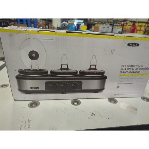 BELLA Triple Slow Cooker and Buffet Server, 3 x1.5 QT Manual Stainless Steel