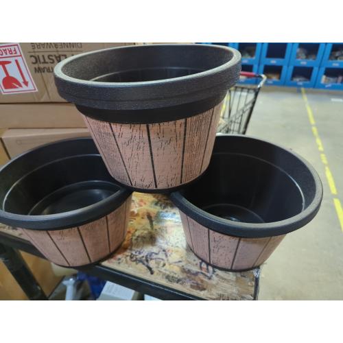 Quarut Plant Pots Set of 3 Pack 9 inch,Whiskey Barrel Planters with Drainage Holes & Saucer.Plastic Decor Flower Pots Imitation Wine Barrel Design,for Indoor & Outdoor Garden Home Plants (Brown)