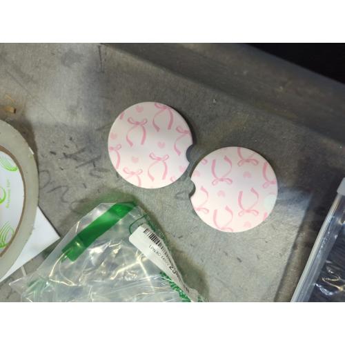 Pink Bow Love Heart Car Cup Holder Coaster 2 Pack Absorbent Ceramic Car Coasters for Cup Holders Car Accessories Interior for Women Men Universal Anti Slip Cork Base Cup Coasters with Finger Notch