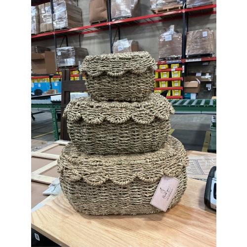 Set of 3 Wicker Storage Baskets with Lid - Decorative Handwoven Rattan Baskets for Organizing, Small Hyacinth Storage Boxes with Scalloped Edges, Natural Woven Storage Bins with Lids (Water Hyacinth)