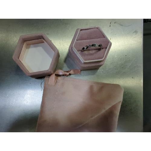 Silver Ring With Green Jewels, Ballet Pink Case and Bag