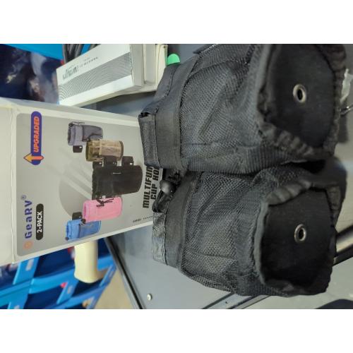 GEARV 2Pack Cup Holder for Bike, Scooter and Wheelchair, Water Bottle Holder for UTV/ATV, Walker, Golf Cart and Beach, Universal Drink Holder Accessories with Net Pocket and Cord Lock (Black)