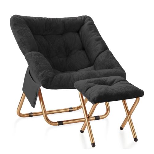 Comfy Saucer Chair for Adults, Foldable Living Room Chairs, Soft Faux Fur Lounge Chair for Bedroom, Reading Chairs, X-Large (Ottoman-Black)