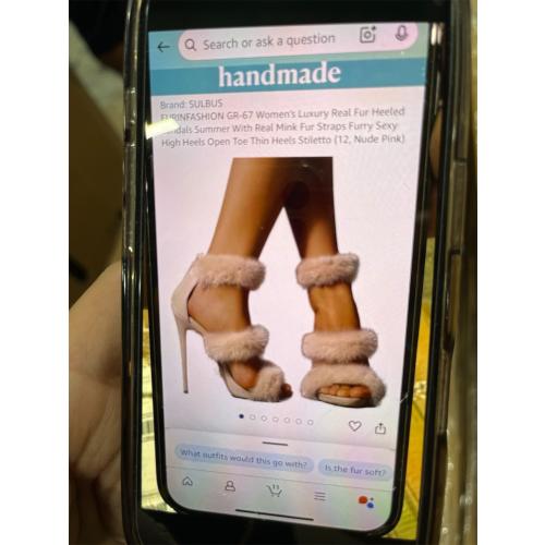 FURINFASHION GR-67 Women's Luxury Real Fur Heeled Sandals Summer With Real Mink Fur Straps Furry Sexy High Heels Open Toe Thin Heels Stiletto (12, Nude Pink)