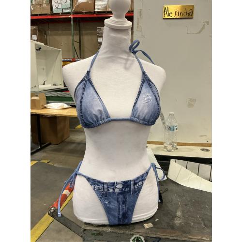 EXTRA SMALL ZAFUL Bikini Sets for Women Denim Print Halter Neck Two Piece Swimsuits Sexy Open Back Triangle High Cut Thong Bathing Suit