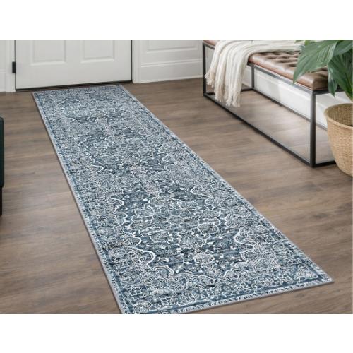 Area Rug Machine Washable Rugs with Rubber Backing for Living Room Blue and White