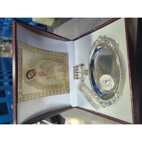 EHV Silver Plated Wedding Unity Coins with Decorative Display Case, Treasure Box, and Silver Platter, Classic Arras Ceremony Souvenirs, Beautiful Confirmation Gift Set (Virgen Busto)