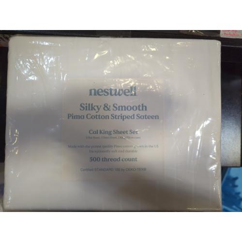 Bright White Striped Cali King Size Nestwell Pima Cotton 500-Thread-Count California King Sheet Set in White Stripe