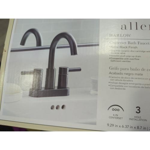allen   roth Harlow Matte Black 4-in centerset 2-Handle WaterSense Bathroom Sink Faucet with Drain and Deck Plate