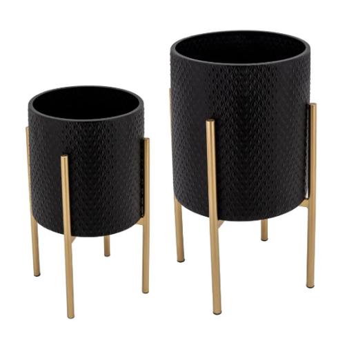 Small and Large Black Metal/Iron Textured Decorative Planters with Stand