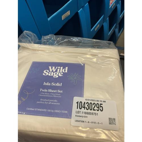 Wild Sage Brushed Cotton Percale 300-Thread-Count Twin Sheet Set in Coconut Milk