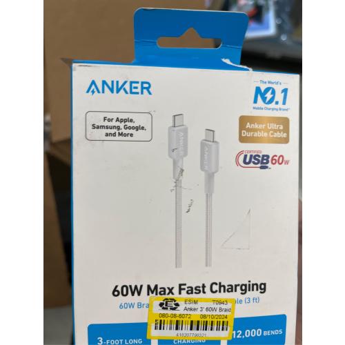 Anker 3' 60W Braided USB-C to USB-C Max Fast Charging Cable - White