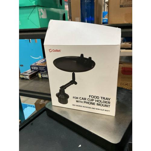 Cellet Cup Holder Tray for Car with Phone Mount – Expandable Base, 360° Rotation Food & Drink Tray with Non-Slip Surface, Adjustable Arm for Eating in Vehicle – Fits Most Standard Car Cup Holders