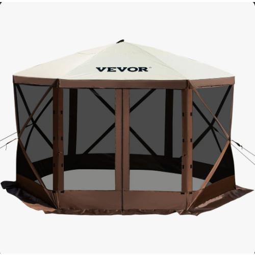 Vevor Brown and Tan Gazebo Screen Tent, 6 Sided Pop-up Camping Canopy Shelter Tent with Mesh Windows, Portable Carry Bag, Ground Stakes