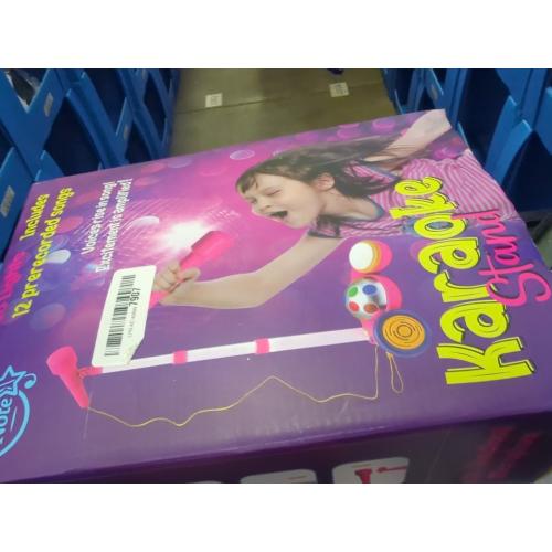 Karaoke Machine with Stand, Sing Along Microphone for Kids, Musical Toy with Flashing Stage Lights and Pedals for Fun Sound Effects, Pink