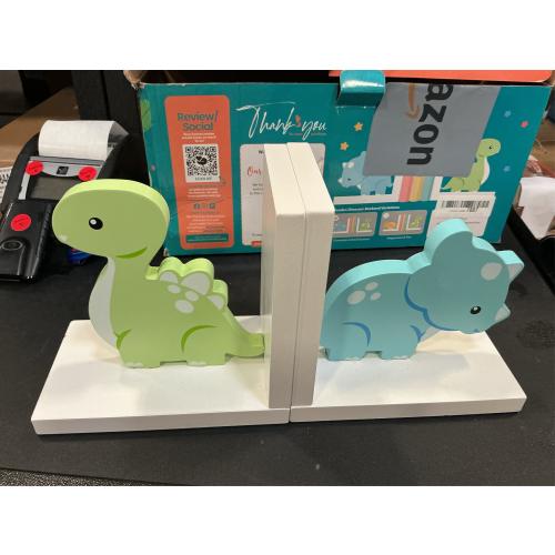 Decorably Dinosaur Book Ends for Shelves - 1 Set Non-Skid Wooden Dinosaur Book Holder, Kids Bookends for Shelves, Baby's Nursery, Classroom