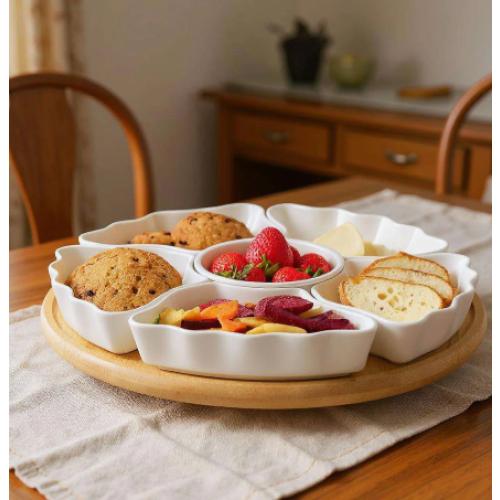 Rotating Flower Shape Serving Tray 7pc Set, White And Natural