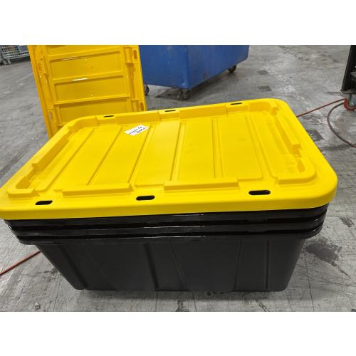 CX BLACK & YELLOW, 27-Gallon Heavy Duty Tough Storage Container & Snap-Tight Lid, (14.3H x 20.6W x 30.6D), Weather-Resistant Design and Stackable Organization Tote [4 Pack] - 1 cover missing, 3 covers damage