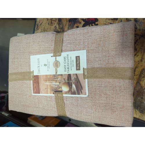 Textured Linen Table Cloth for Rectangle Tables - Coffee Tablecloths Rectangular Waterproof Wrinkle Free Wipeable Dining Table Cover for Spring Wedding Birthday Kitchen Decor, 70 Inch round