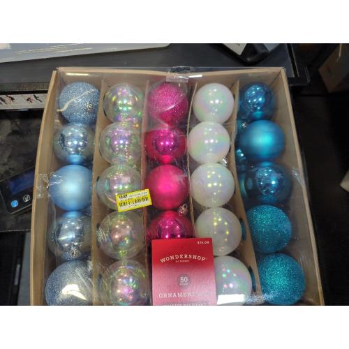 50pc Round Shatter-Resistant Christmas Tree Ornament Set Iridescent/Blue/Pink - Wondershop™