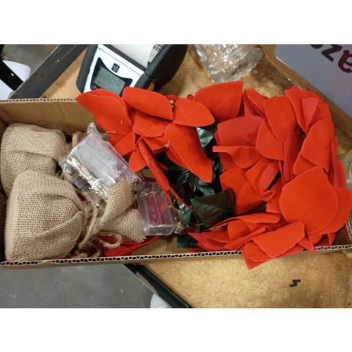 Poinsettia Christmas Flowers Decorations Garland String Lights 6.56FT 10LED Xmas Tree Artificial Ornaments with Red Berries Holly Leaves