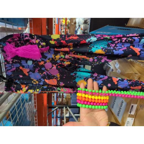 Size L Syhood 80s Legging for Women Neon Halloween High Waisted Neon Legging 4 Pcs Necklace 1980s Dress up Costume Accessory Set