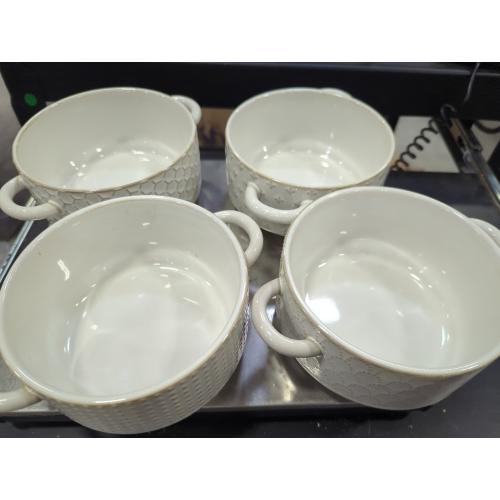 LE TAUCI Soup Bowls with Handles, 20 oz French Onion Soup Crocks, Stackable Soup Bowl Oven Safe for Chili, Beef Stew, Embossment Ceramic Bowl Set - 5.4 Inch, Set of 4, Arctic White