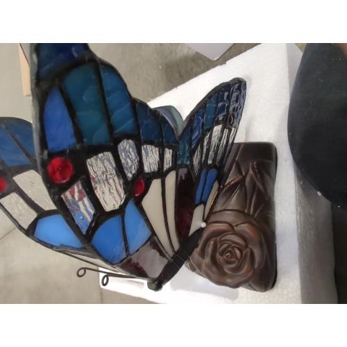 Bedside Table Lamp LED Tiffany Blue Fairy Butterfly Nightstand Table Lamps Stained Glass Shade ON Off Switch Home Office Desk Lamp Night Light Girl Grandma Mothers Day Gifts W/Gift Box