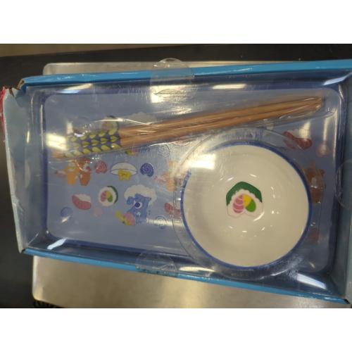 Silver Buffalo Care Bears Featuring Grumpy, Tenderheart, and Friend Bear Ramen Blue Ceramic Sushi Set with Dipping Sauce Dish and Matching Chopsticks