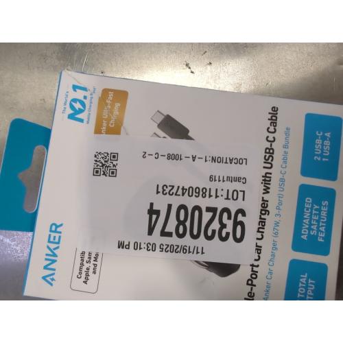 Anker 3-Port 67W Car Charger with 3' USB-C to USB-C Cable - Black