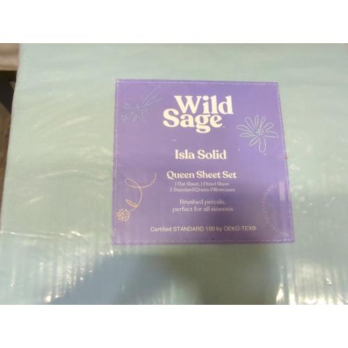 Wild Sage Brushed Cotton Percale 300-Thread-Count Queen Sheet Set in Strato Blue