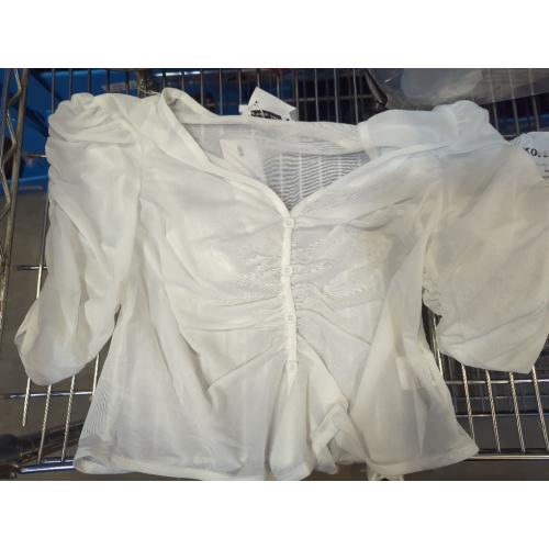 Mesh Button up Self-tie Detail Ruched Short Sleeve Crop Top White L