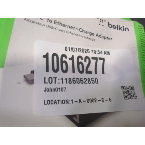 Belkin USB-C To Ethernet   Charge Adapter - Gigabit Ethernet Port Compatible with USB-C Devices Black, INC001btBK